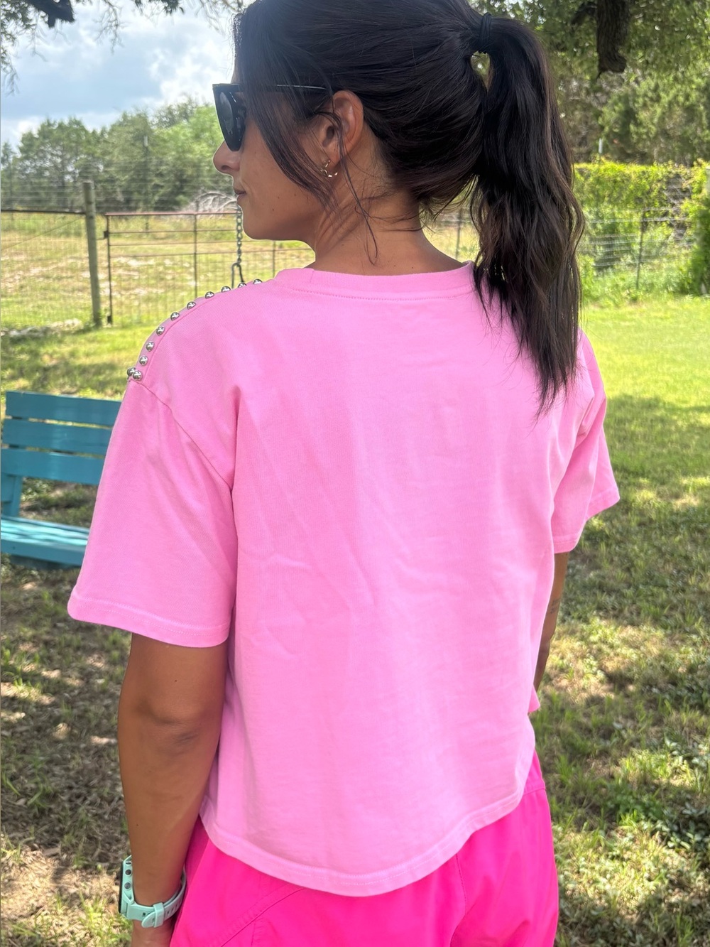blue b Short sleeves, ruffles, studded detail,pink, cropped top - Picture 3 of 5